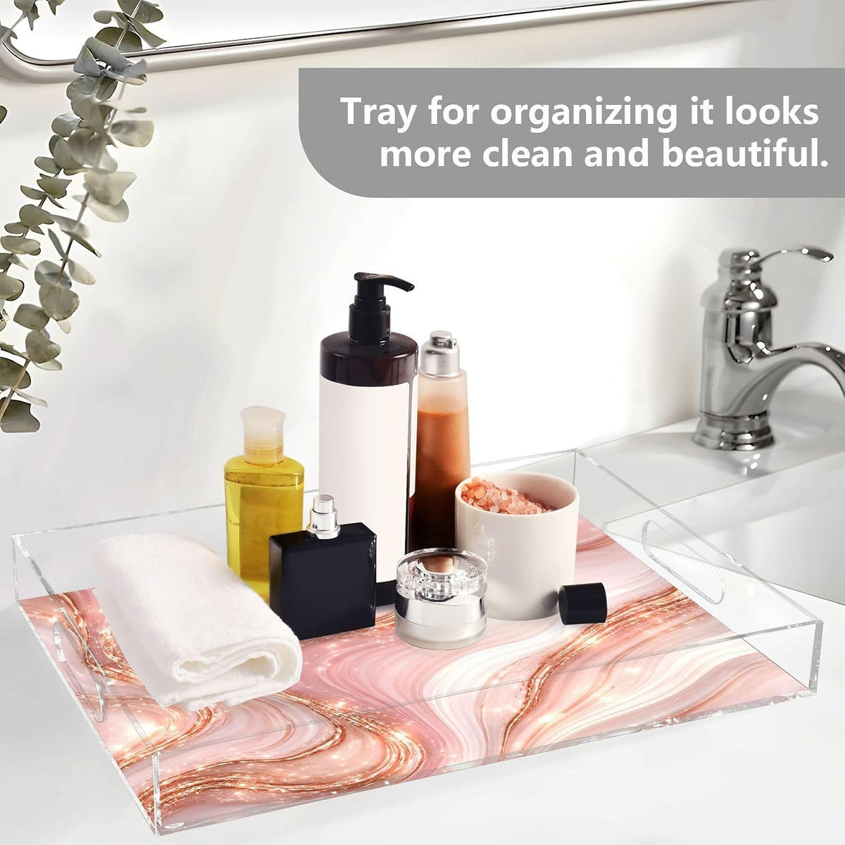 Elegant Marble Pink Gold Serving Tray 12" x 16" Acrylic Trays with Handles Decorative Serving Platter for Coffee, Breakfast in Bed, Dinner, Appetizers, Patio, Party