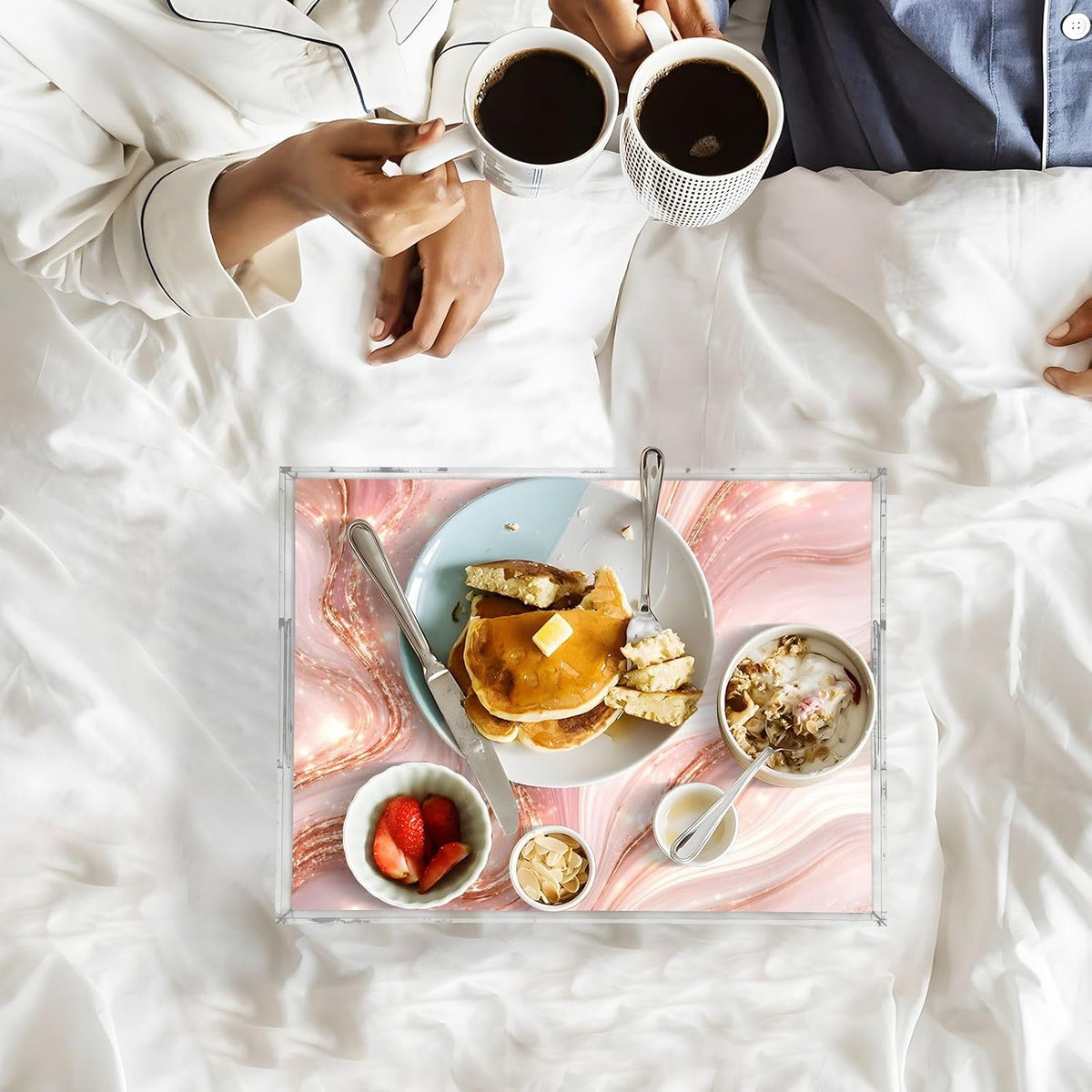 Elegant Marble Pink Gold Serving Tray 12" x 16" Acrylic Trays with Handles Decorative Serving Platter for Coffee, Breakfast in Bed, Dinner, Appetizers, Patio, Party