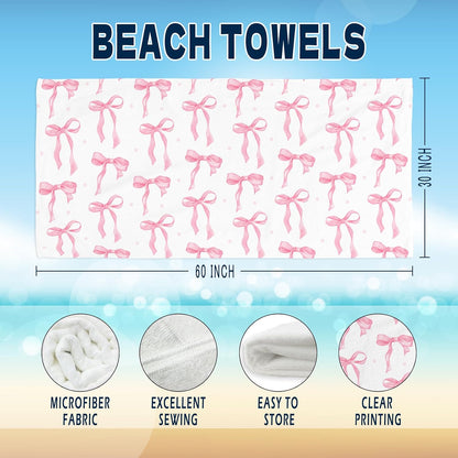 Coquette Preppy Pink Bow Beach Towel - Aesthetic Girly Preppy Ribbon Pool Towels Microfiber Absorb Water Travel Towels 60x30 Inches for Bathroom Kitchen Gym Yoga, Gifts for Girls Lady