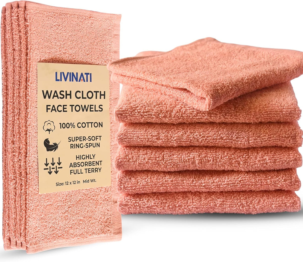 Peach 100% Cotton Wash Cloths for Showering Body and Face - 12"X12" 6 Pack Washcloths - Small Terry Towel Bath Rags for Adults and Kids Bathroom - Soft Absorbent