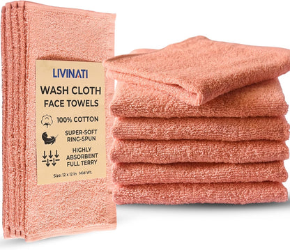 Peach 100% Cotton Wash Cloths for Showering Body and Face - 12"X12" 6 Pack Washcloths - Small Terry Towel Bath Rags for Adults and Kids Bathroom - Soft Absorbent