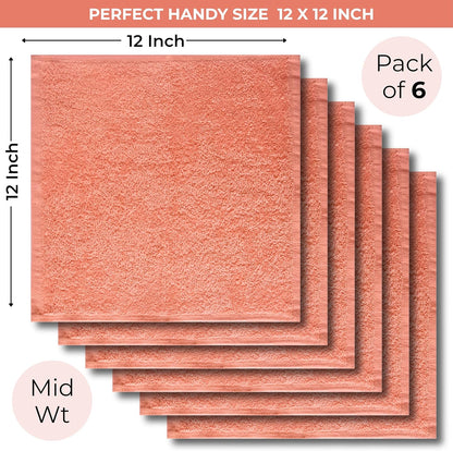 Peach 100% Cotton Wash Cloths for Showering Body and Face - 12"X12" 6 Pack Washcloths - Small Terry Towel Bath Rags for Adults and Kids Bathroom - Soft Absorbent