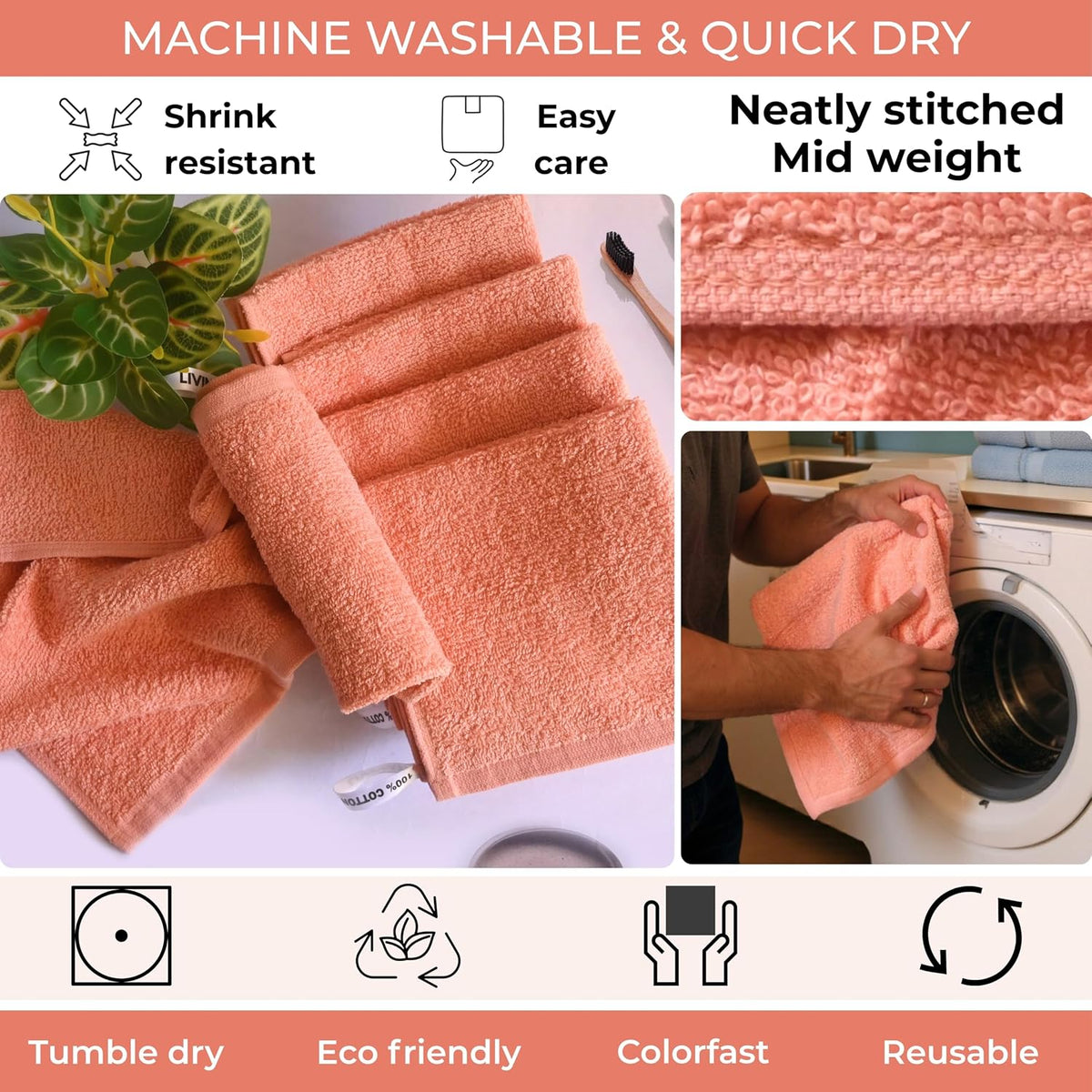 Peach 100% Cotton Wash Cloths for Showering Body and Face - 12"X12" 6 Pack Washcloths - Small Terry Towel Bath Rags for Adults and Kids Bathroom - Soft Absorbent