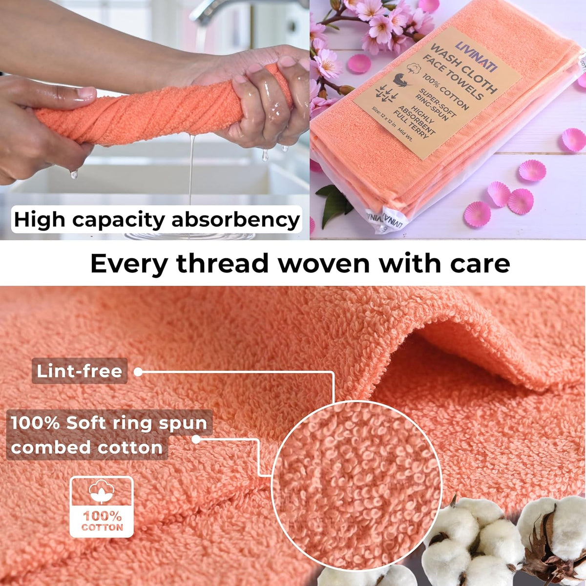 Peach 100% Cotton Wash Cloths for Showering Body and Face - 12"X12" 6 Pack Washcloths - Small Terry Towel Bath Rags for Adults and Kids Bathroom - Soft Absorbent