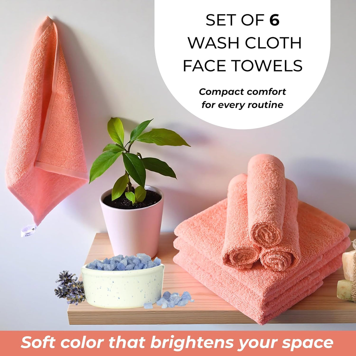Peach 100% Cotton Wash Cloths for Showering Body and Face - 12"X12" 6 Pack Washcloths - Small Terry Towel Bath Rags for Adults and Kids Bathroom - Soft Absorbent