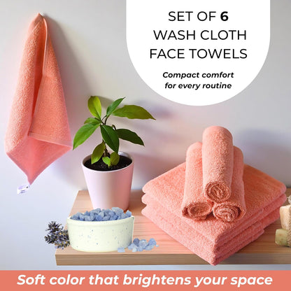 Peach 100% Cotton Wash Cloths for Showering Body and Face - 12"X12" 6 Pack Washcloths - Small Terry Towel Bath Rags for Adults and Kids Bathroom - Soft Absorbent