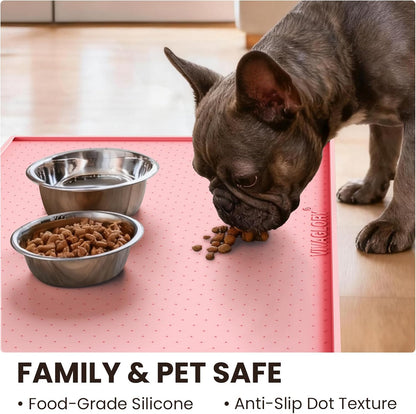 VIVAGLORY Dog Bowl Mat Grippymat Pet Food Mat, Waterproof Washable Nonslip Silicone for Pet & Cat, Food and Water Placemat with Lip & Raised Edges for Indoor Floor, S, Sakura Pink