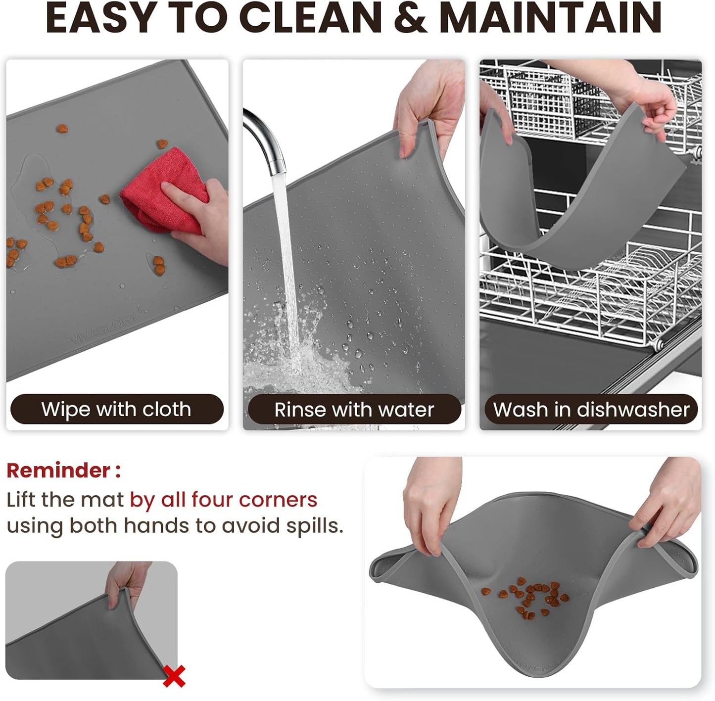 VIVAGLORY Dog Bowl Mat Grippymat Pet Food Mat, Waterproof Washable Nonslip Silicone for Pet & Cat, Food and Water Placemat with Lip & Raised Edges for Indoor Floor, S, Sakura Pink