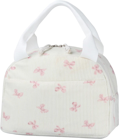 Lunch Bag - Insulated Lunch Box for Women, Reusable Large Capacity Cooler Bag for Adult, Small Leakproof Cute Corduroy Lunch Tote for Work Office Travel Picnic (Pink Bow)