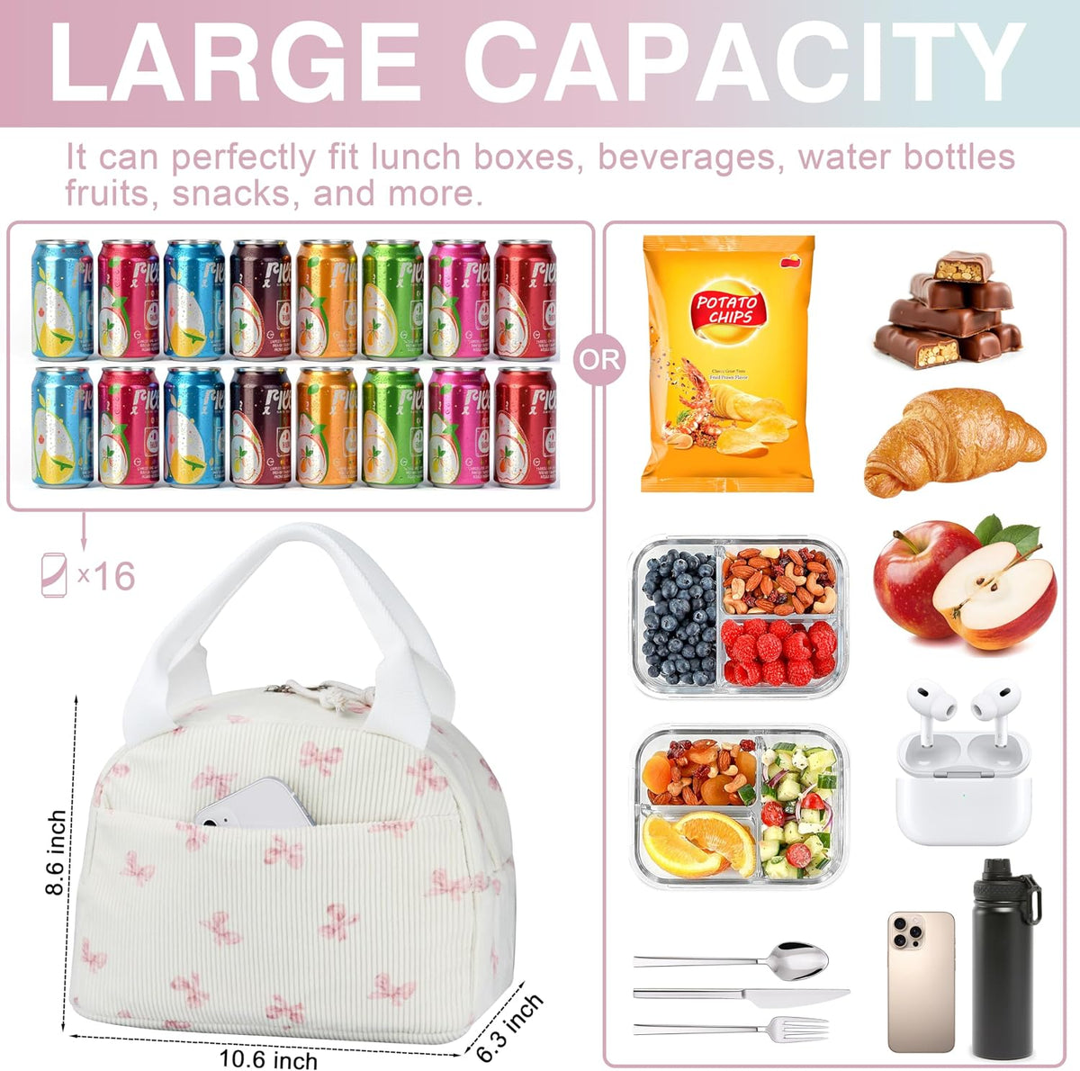 Lunch Bag - Insulated Lunch Box for Women, Reusable Large Capacity Cooler Bag for Adult, Small Leakproof Cute Corduroy Lunch Tote for Work Office Travel Picnic (Pink Bow)