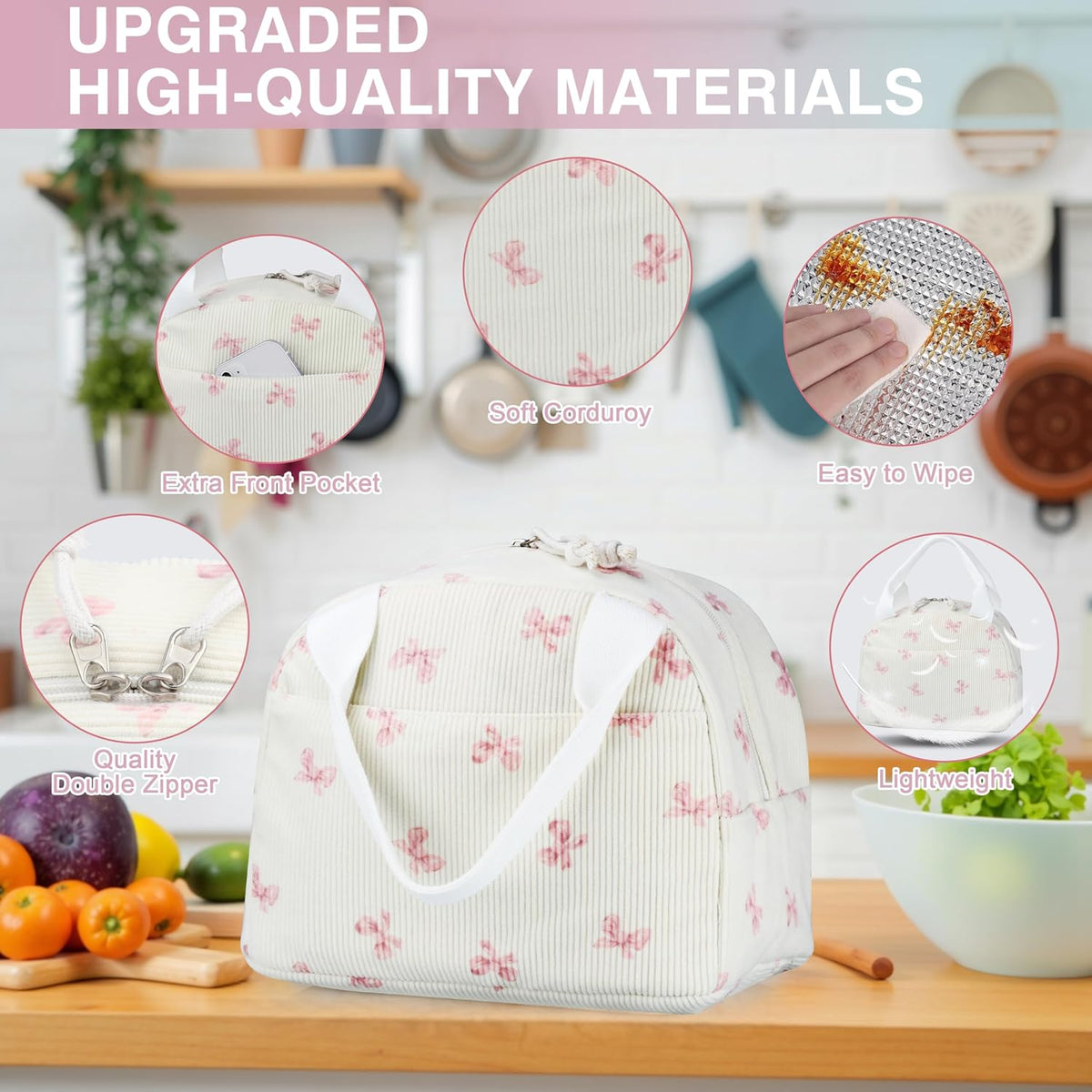 Lunch Bag - Insulated Lunch Box for Women, Reusable Large Capacity Cooler Bag for Adult, Small Leakproof Cute Corduroy Lunch Tote for Work Office Travel Picnic (Pink Bow)