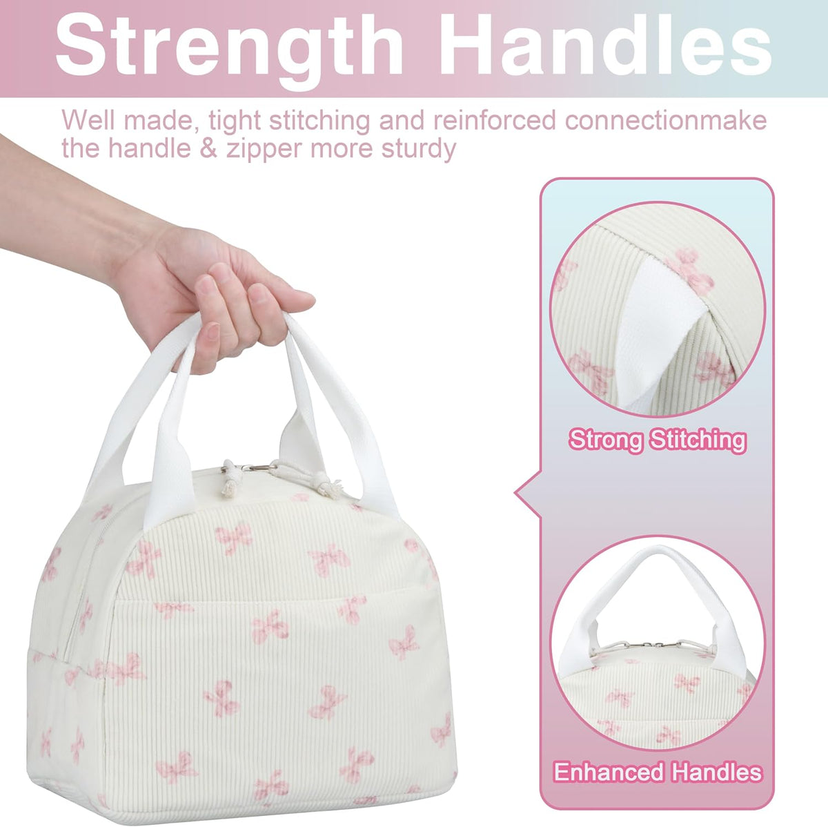 Lunch Bag - Insulated Lunch Box for Women, Reusable Large Capacity Cooler Bag for Adult, Small Leakproof Cute Corduroy Lunch Tote for Work Office Travel Picnic (Pink Bow)