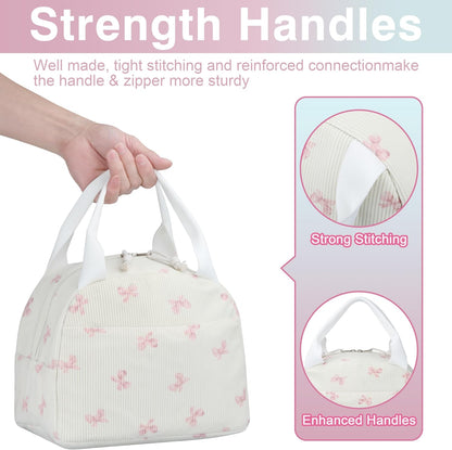 Lunch Bag - Insulated Lunch Box for Women, Reusable Large Capacity Cooler Bag for Adult, Small Leakproof Cute Corduroy Lunch Tote for Work Office Travel Picnic (Pink Bow)