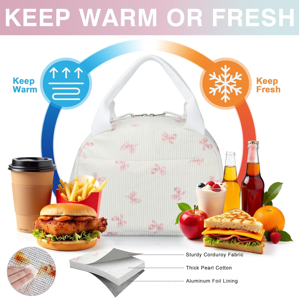 Lunch Bag - Insulated Lunch Box for Women, Reusable Large Capacity Cooler Bag for Adult, Small Leakproof Cute Corduroy Lunch Tote for Work Office Travel Picnic (Pink Bow)