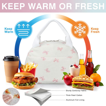 Lunch Bag - Insulated Lunch Box for Women, Reusable Large Capacity Cooler Bag for Adult, Small Leakproof Cute Corduroy Lunch Tote for Work Office Travel Picnic (Pink Bow)