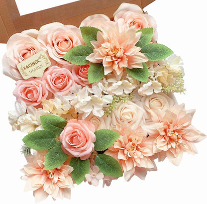 Roses Artificial Flowers Peach Pink Bouquet Fake Flower Box Set