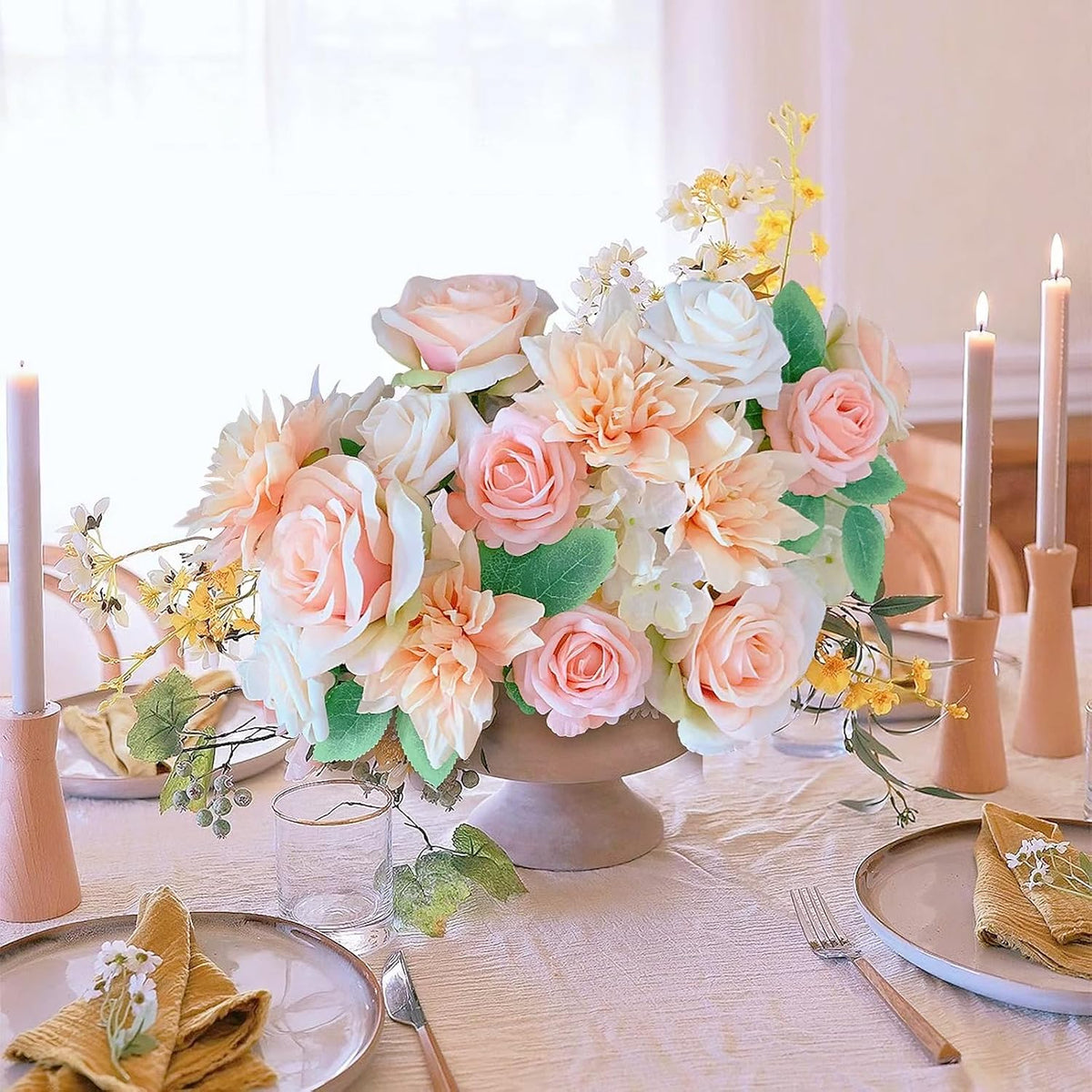 Roses Artificial Flowers Peach Pink Bouquet Fake Flower Box Set