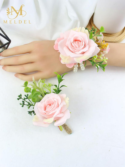 Pink Rose Wrist Corsage and Boutonniere Set for Dance Party Wedding