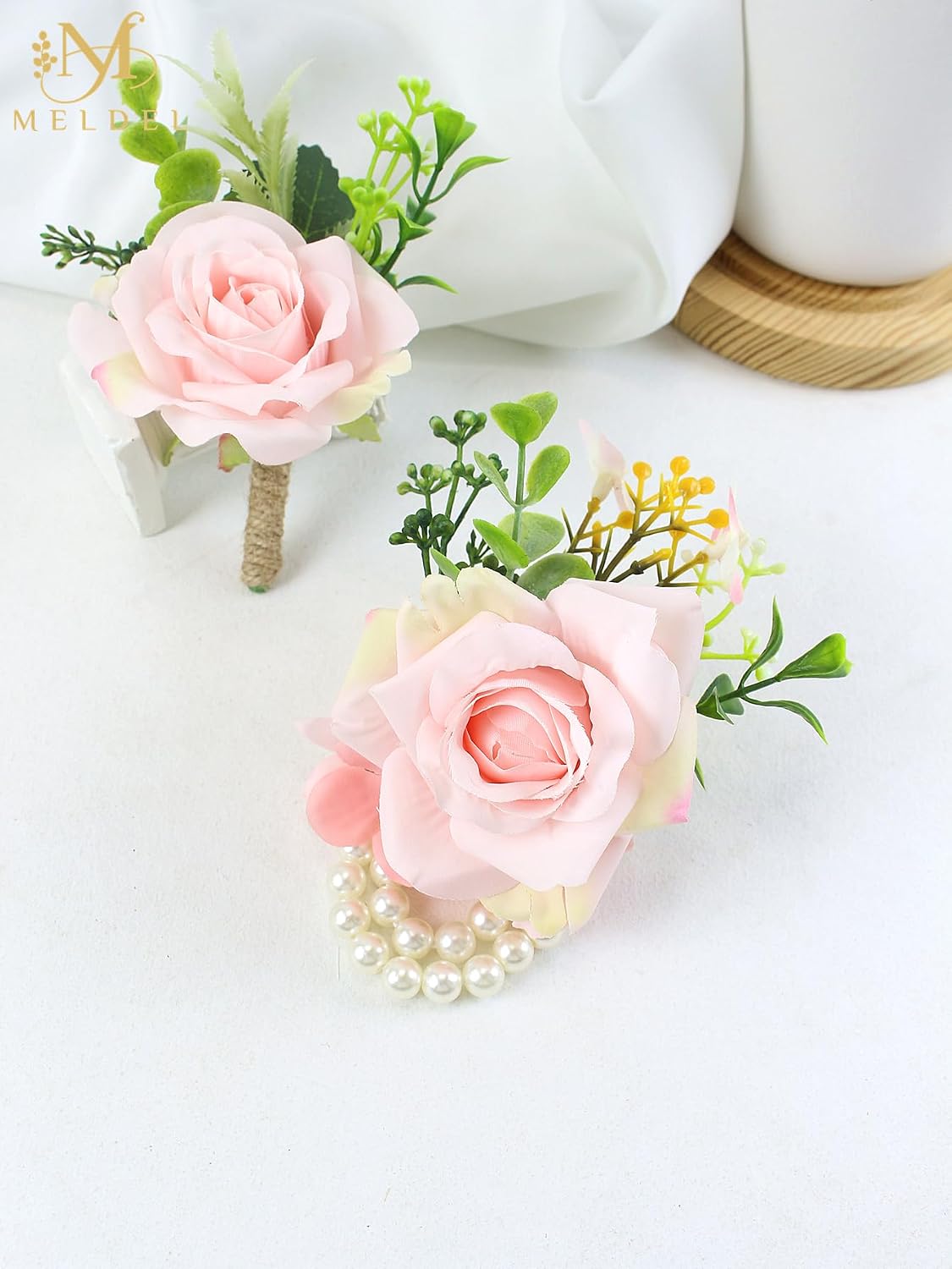 Pink Rose Wrist Corsage and Boutonniere Set for Dance Party Wedding
