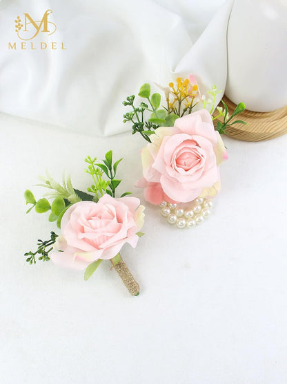 Pink Rose Wrist Corsage and Boutonniere Set for Dance Party Wedding