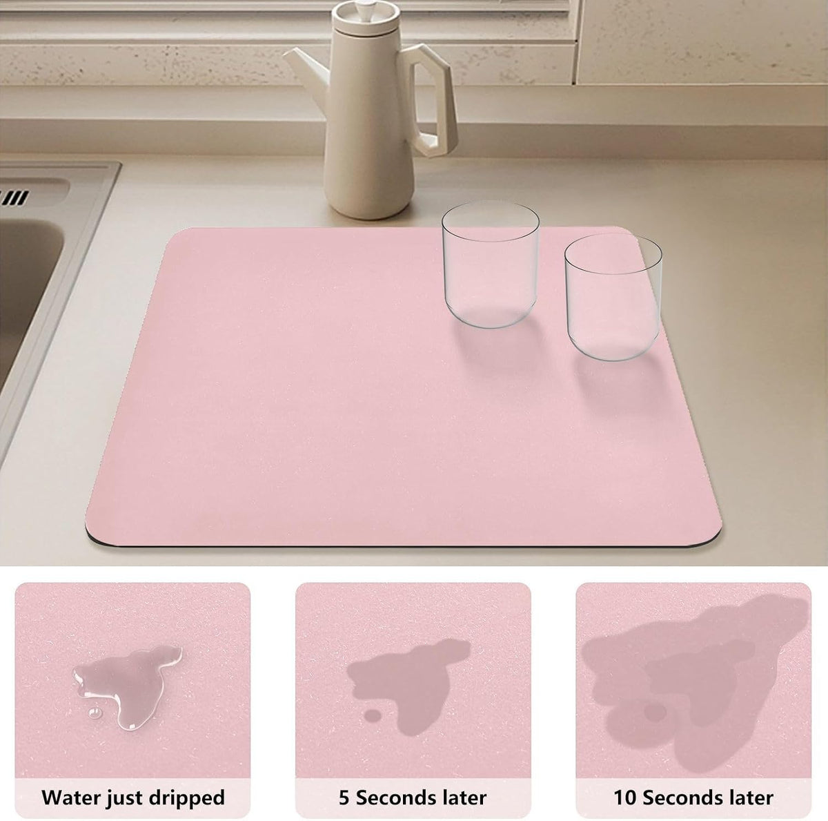 Light Pink Dish Drying Mat for Kitchen Counter Absorbent Coffee Bar Mat for Countertops Easy to Clean Kitchen Drying Mats for Dishes Rack Sinks Utensils Pots, 23.6"x19.7"