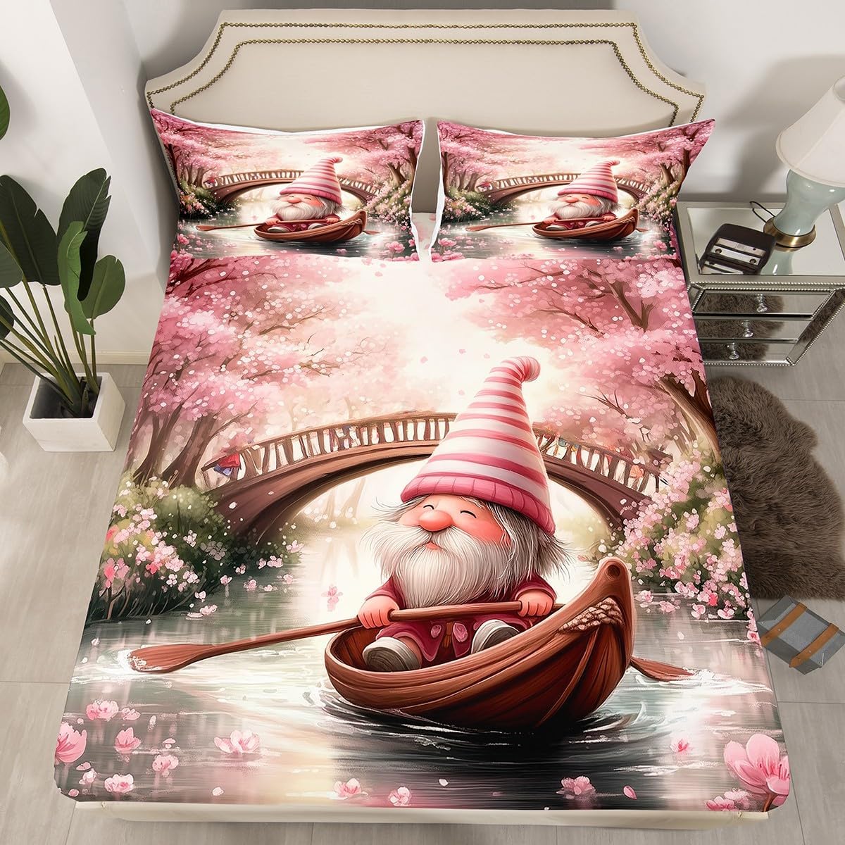 Cartoon Gnome Bed Sheet 4 Piece,Pink Peach Blossoms Flower Sheets Full Size Bed Set,Spring Outing Spring Outing Bedding Set with Flat,Fitted Sheet,2 Pillow Cases