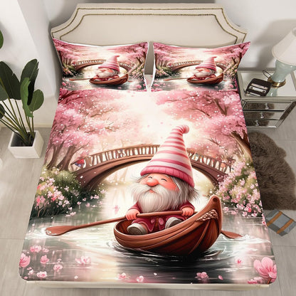 Cartoon Gnome Bed Sheet 4 Piece,Pink Peach Blossoms Flower Sheets Full Size Bed Set,Spring Outing Spring Outing Bedding Set with Flat,Fitted Sheet,2 Pillow Cases