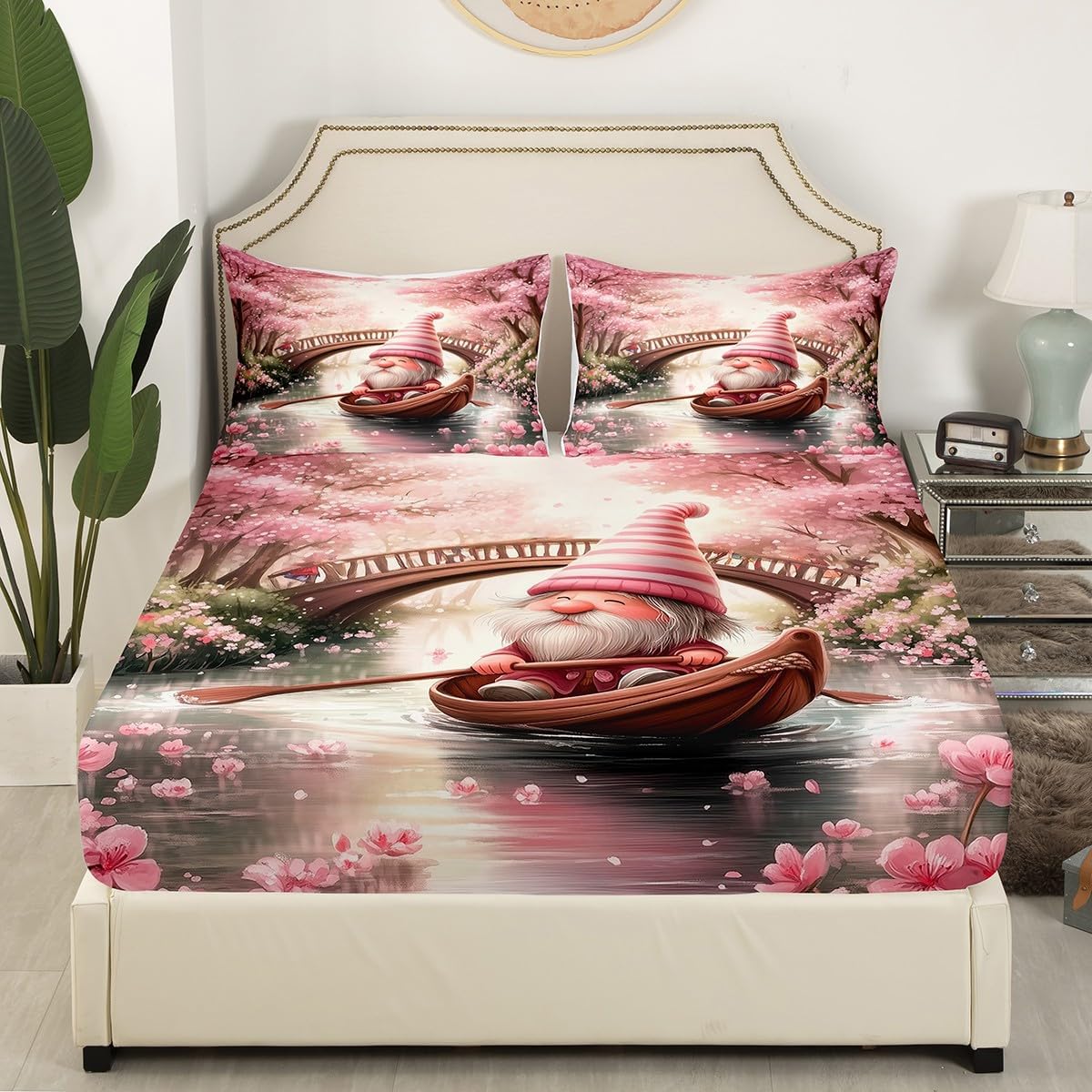 Cartoon Gnome Bed Sheet 4 Piece,Pink Peach Blossoms Flower Sheets Full Size Bed Set,Spring Outing Spring Outing Bedding Set with Flat,Fitted Sheet,2 Pillow Cases