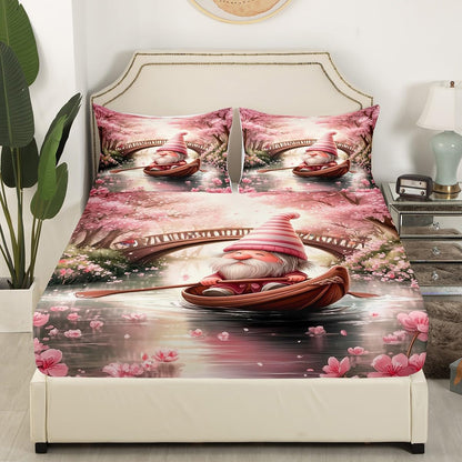 Cartoon Gnome Bed Sheet 4 Piece,Pink Peach Blossoms Flower Sheets Full Size Bed Set,Spring Outing Spring Outing Bedding Set with Flat,Fitted Sheet,2 Pillow Cases