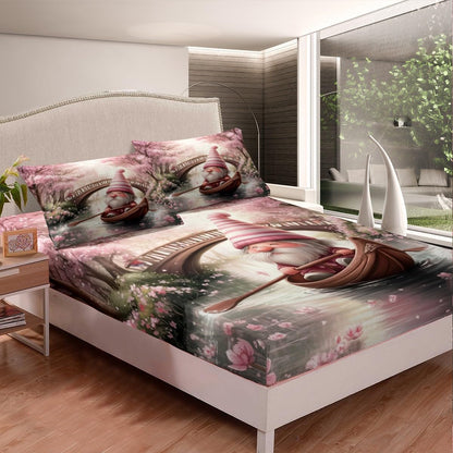 Cartoon Gnome Bed Sheet 4 Piece,Pink Peach Blossoms Flower Sheets Full Size Bed Set,Spring Outing Spring Outing Bedding Set with Flat,Fitted Sheet,2 Pillow Cases