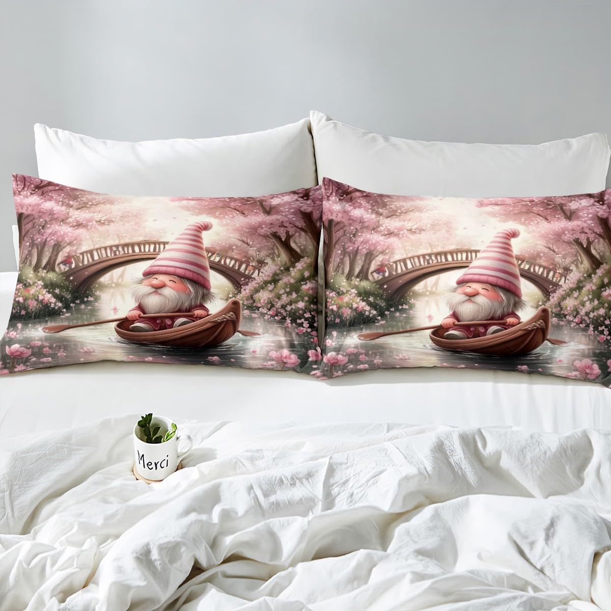 Cartoon Gnome Bed Sheet 4 Piece,Pink Peach Blossoms Flower Sheets Full Size Bed Set,Spring Outing Spring Outing Bedding Set with Flat,Fitted Sheet,2 Pillow Cases