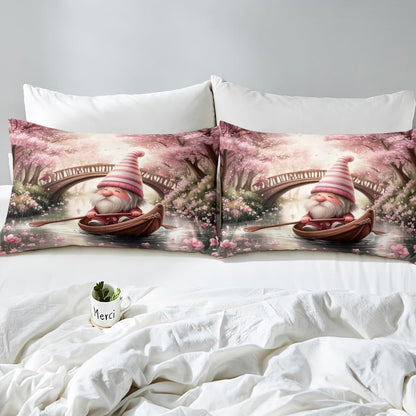 Cartoon Gnome Bed Sheet 4 Piece,Pink Peach Blossoms Flower Sheets Full Size Bed Set,Spring Outing Spring Outing Bedding Set with Flat,Fitted Sheet,2 Pillow Cases