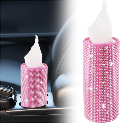 Bling Car Tissue Holder for Cup Holder,Rhinestone Travel Car Tissue Box(30 Tissues/3-ply),Universal Cylinder Tissues Dispenser for Cars Interior Decor as Gift for Women (Pink)
