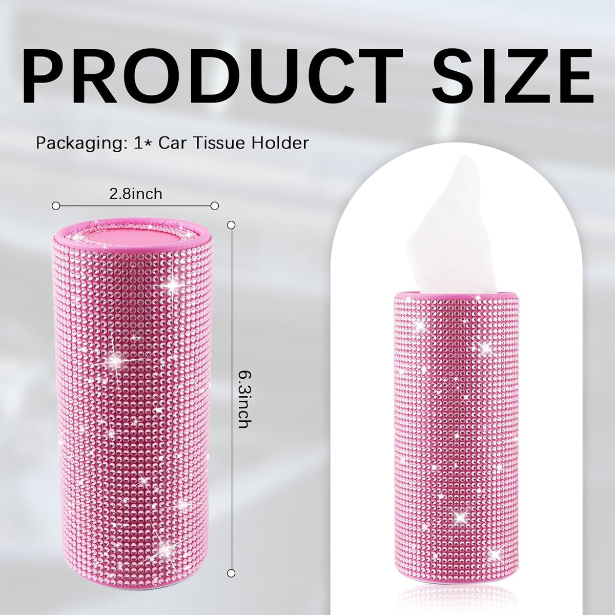Bling Car Tissue Holder for Cup Holder,Rhinestone Travel Car Tissue Box(30 Tissues/3-ply),Universal Cylinder Tissues Dispenser for Cars Interior Decor as Gift for Women (Pink)