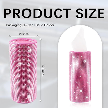 Bling Car Tissue Holder for Cup Holder,Rhinestone Travel Car Tissue Box(30 Tissues/3-ply),Universal Cylinder Tissues Dispenser for Cars Interior Decor as Gift for Women (Pink)