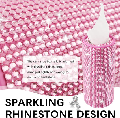 Bling Car Tissue Holder for Cup Holder,Rhinestone Travel Car Tissue Box(30 Tissues/3-ply),Universal Cylinder Tissues Dispenser for Cars Interior Decor as Gift for Women (Pink)