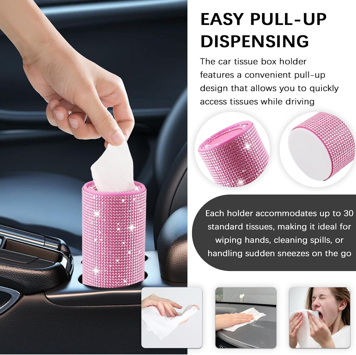 Bling Car Tissue Holder for Cup Holder,Rhinestone Travel Car Tissue Box(30 Tissues/3-ply),Universal Cylinder Tissues Dispenser for Cars Interior Decor as Gift for Women (Pink)
