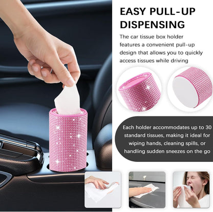 Bling Car Tissue Holder for Cup Holder,Rhinestone Travel Car Tissue Box(30 Tissues/3-ply),Universal Cylinder Tissues Dispenser for Cars Interior Decor as Gift for Women (Pink)