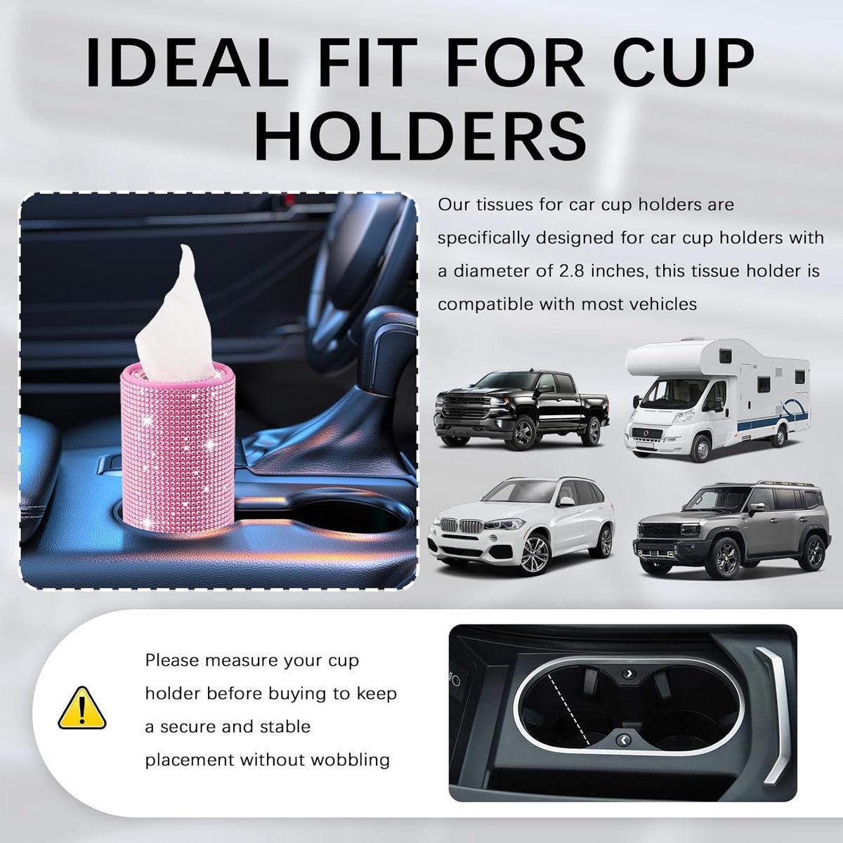 Bling Car Tissue Holder for Cup Holder,Rhinestone Travel Car Tissue Box(30 Tissues/3-ply),Universal Cylinder Tissues Dispenser for Cars Interior Decor as Gift for Women (Pink)