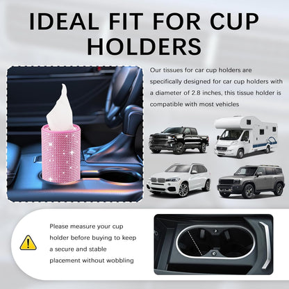 Bling Car Tissue Holder for Cup Holder,Rhinestone Travel Car Tissue Box(30 Tissues/3-ply),Universal Cylinder Tissues Dispenser for Cars Interior Decor as Gift for Women (Pink)