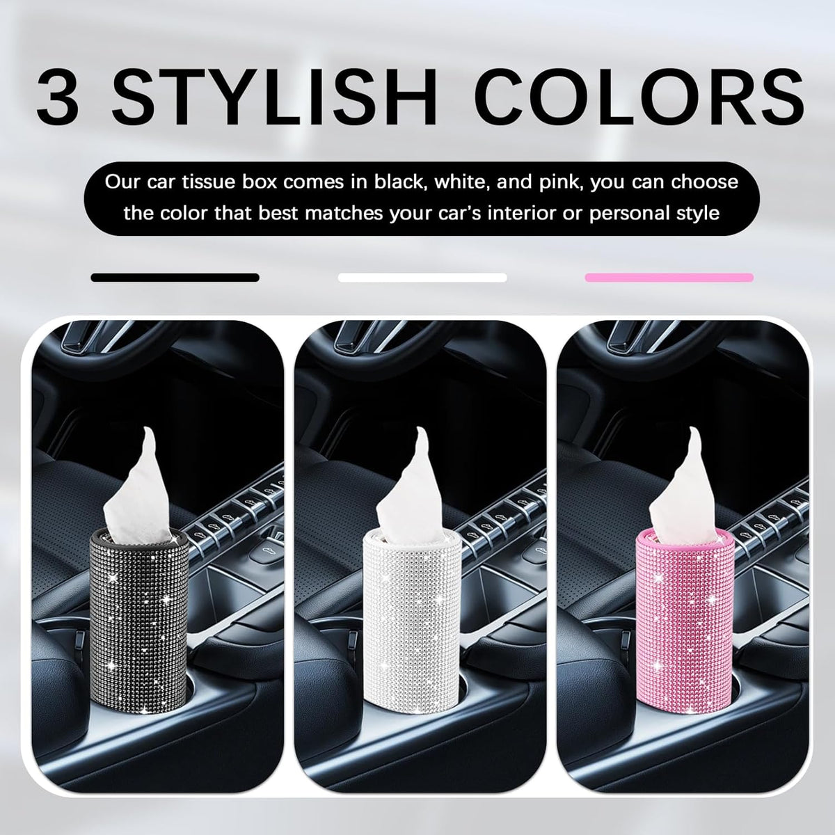 Bling Car Tissue Holder for Cup Holder,Rhinestone Travel Car Tissue Box(30 Tissues/3-ply),Universal Cylinder Tissues Dispenser for Cars Interior Decor as Gift for Women (Pink)