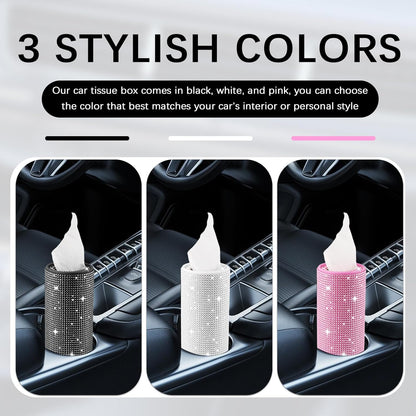 Bling Car Tissue Holder for Cup Holder,Rhinestone Travel Car Tissue Box(30 Tissues/3-ply),Universal Cylinder Tissues Dispenser for Cars Interior Decor as Gift for Women (Pink)