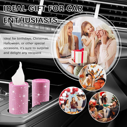 Bling Car Tissue Holder for Cup Holder,Rhinestone Travel Car Tissue Box(30 Tissues/3-ply),Universal Cylinder Tissues Dispenser for Cars Interior Decor as Gift for Women (Pink)