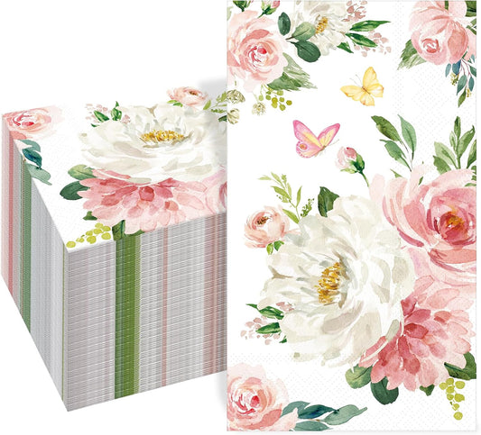 100 PCS Pink Floral Napkins, Watercolor Flowers Butterflies 3-Ply Decorative Paper Hand Towels for Home Party Guest Bathroom Napkin Bridal Shower Wedding Baby Shower Decorative Napkins