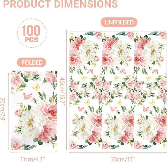 100 PCS Pink Floral Napkins, Watercolor Flowers Butterflies 3-Ply Decorative Paper Hand Towels for Home Party Guest Bathroom Napkin Bridal Shower Wedding Baby Shower Decorative Napkins