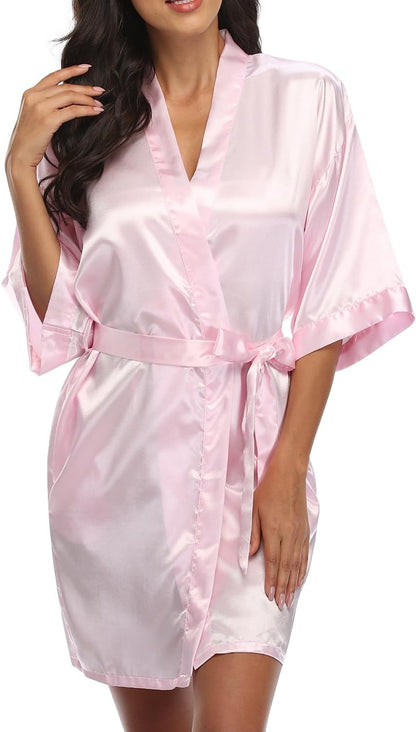 Women's Short Robe Satin Bridesmaid Bride Bathrobe Kimono Sleepwear