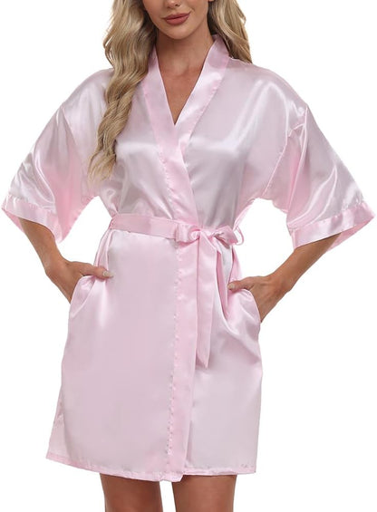 Women's Short Robe Satin Bridesmaid Bride Bathrobe Kimono Sleepwear