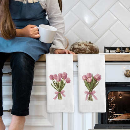 Pink Bows Tulips Bouquet Kitchen Towels Set of 2, Coquette Pink Tulip Girly Aesthetic Hand Towel for Kitchen Bathroom, Spring Floral Botanical Decorative Tea Dish Towels 16x24 Inch