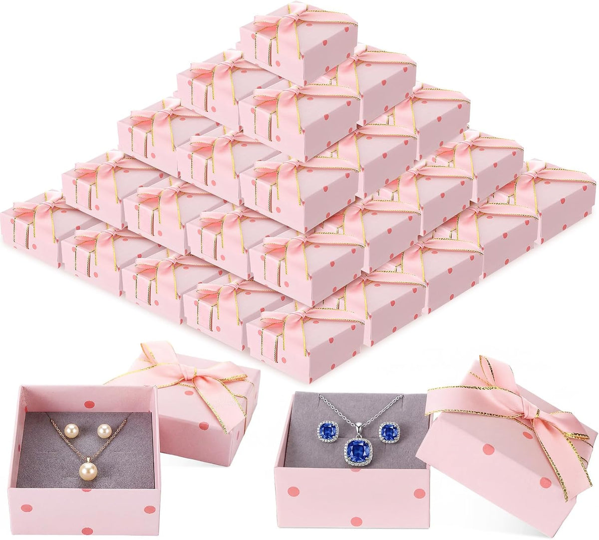 60 Pcs Pink Bow Jewelry Gift Boxes for Ring, 2.76 x 2.76 x 1.34