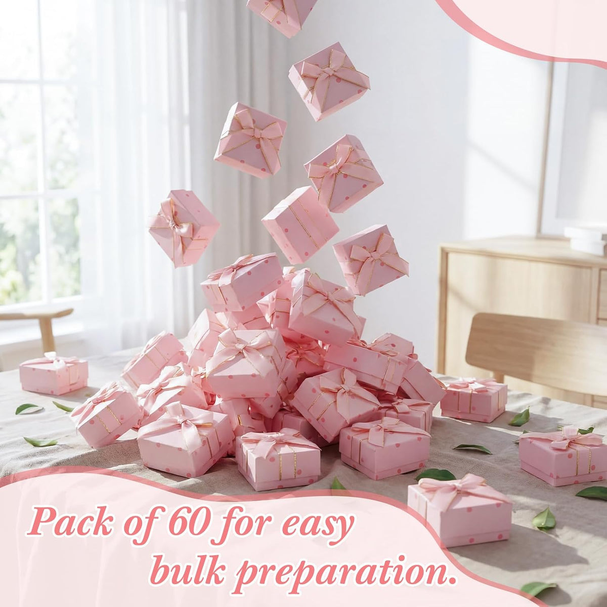 60 Pcs Pink Bow Jewelry Gift Boxes for Ring, 2.76 x 2.76 x 1.34